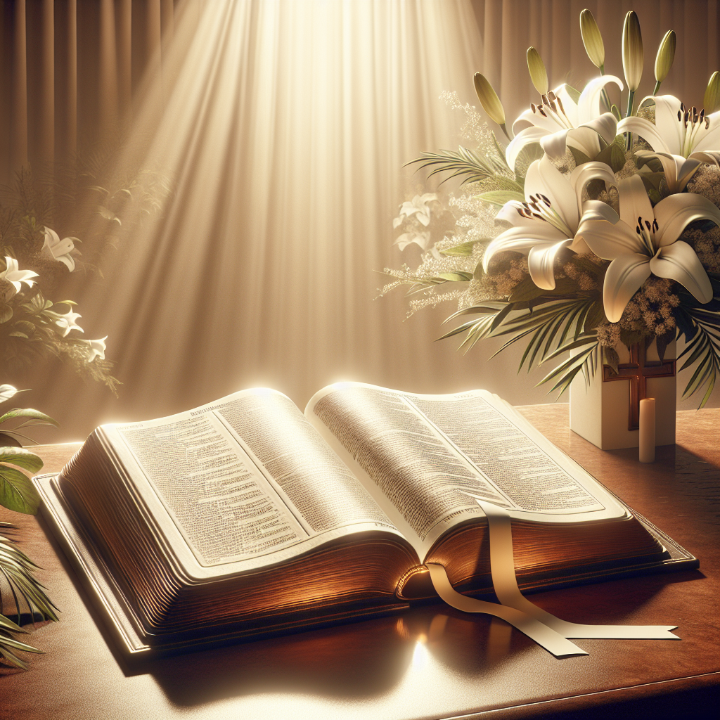 A serene image of an open Bible with a bouquet of white lilies beside it, symbolizing peace and remembrance.