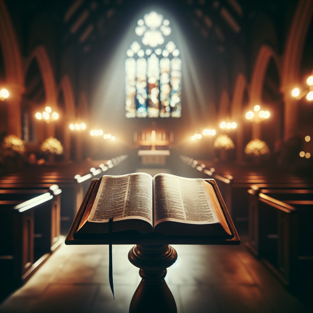 A serene chapel with an open Bible on a podium, softly lit, symbolizing hope and faith at a funeral.