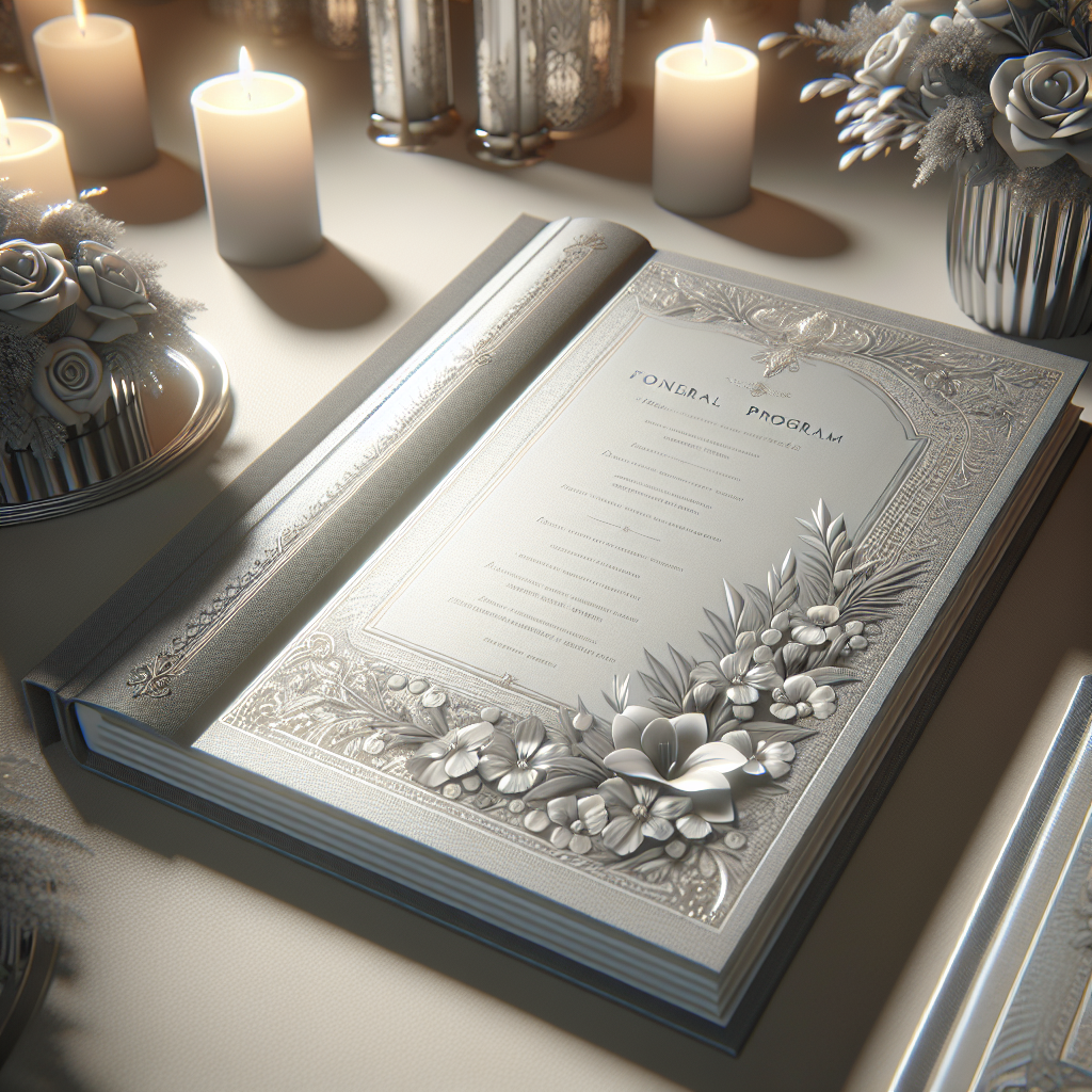 A funeral program line up booklet with floral borders in a serene setting.