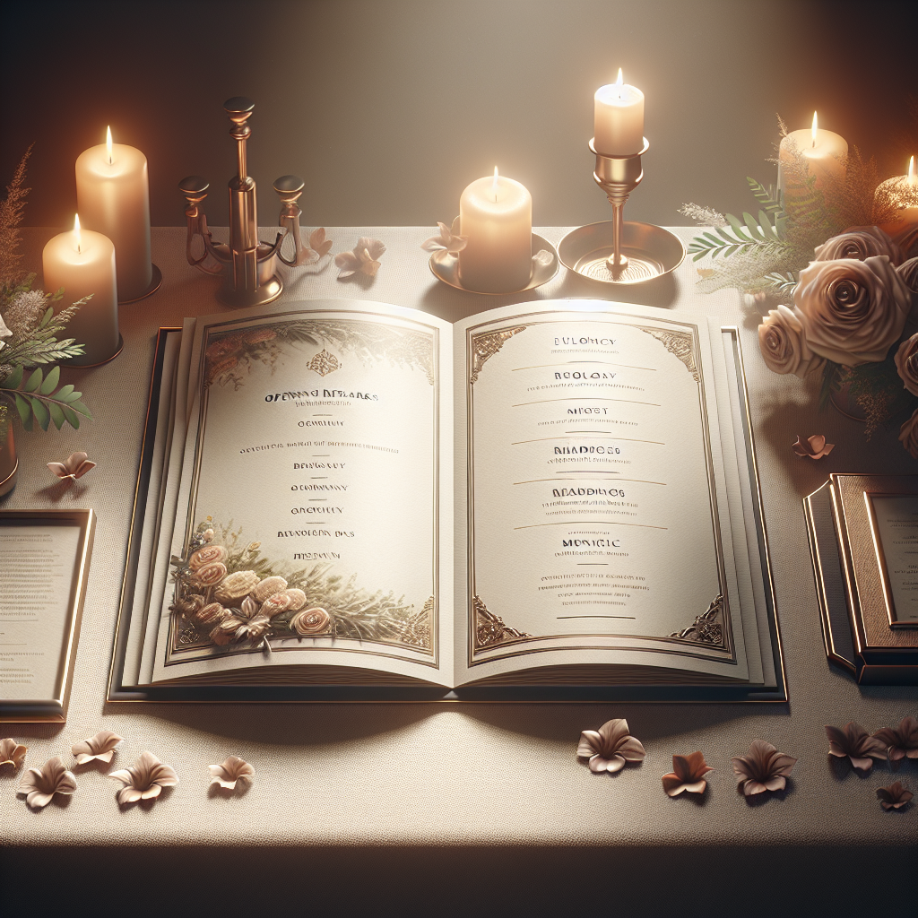 A beautifully arranged funeral program setup with an open booklet, flowers, and a candle.