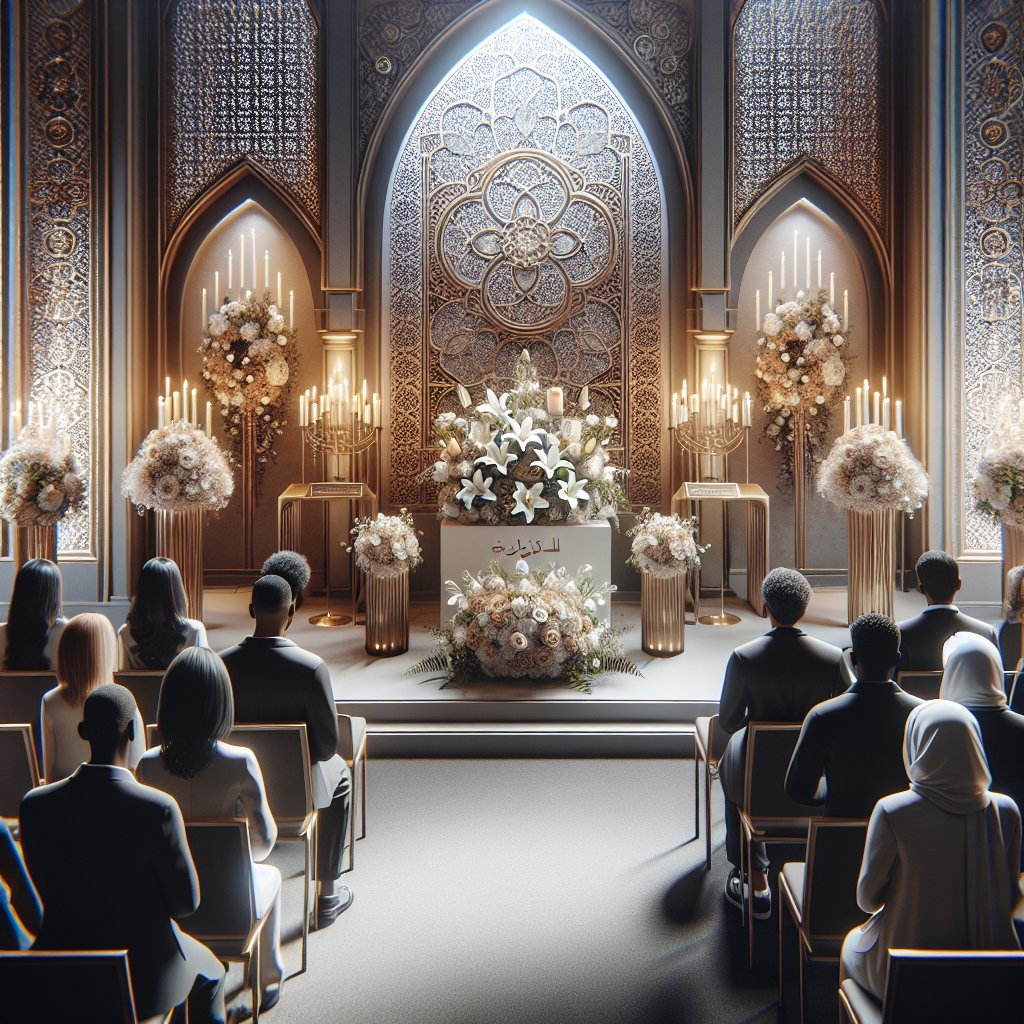 Funeral ceremony setup with memorial program line up, soft white lilies, and candles.