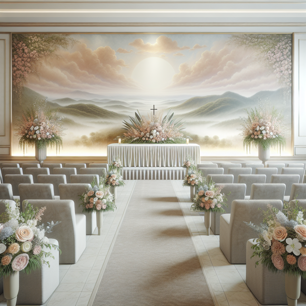 A serene and respectfully arranged funeral service setting with floral decorations.