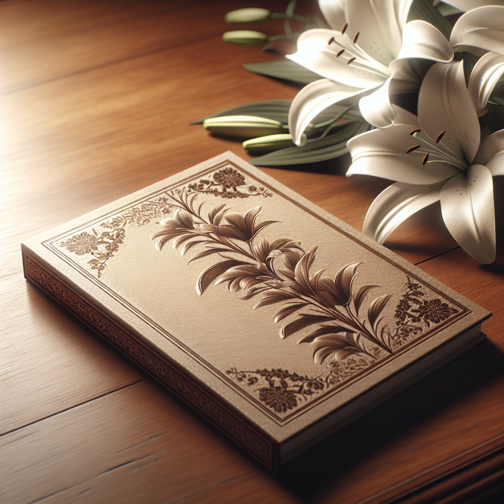 A funeral program on a wooden table with white lilies, conveying serenity and reflection.