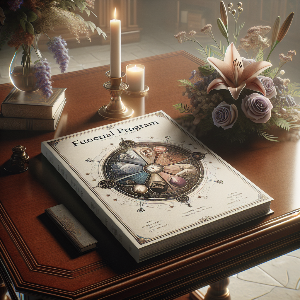 A funeral program placed on a table with flowers and a candle, symbolizing remembrance.