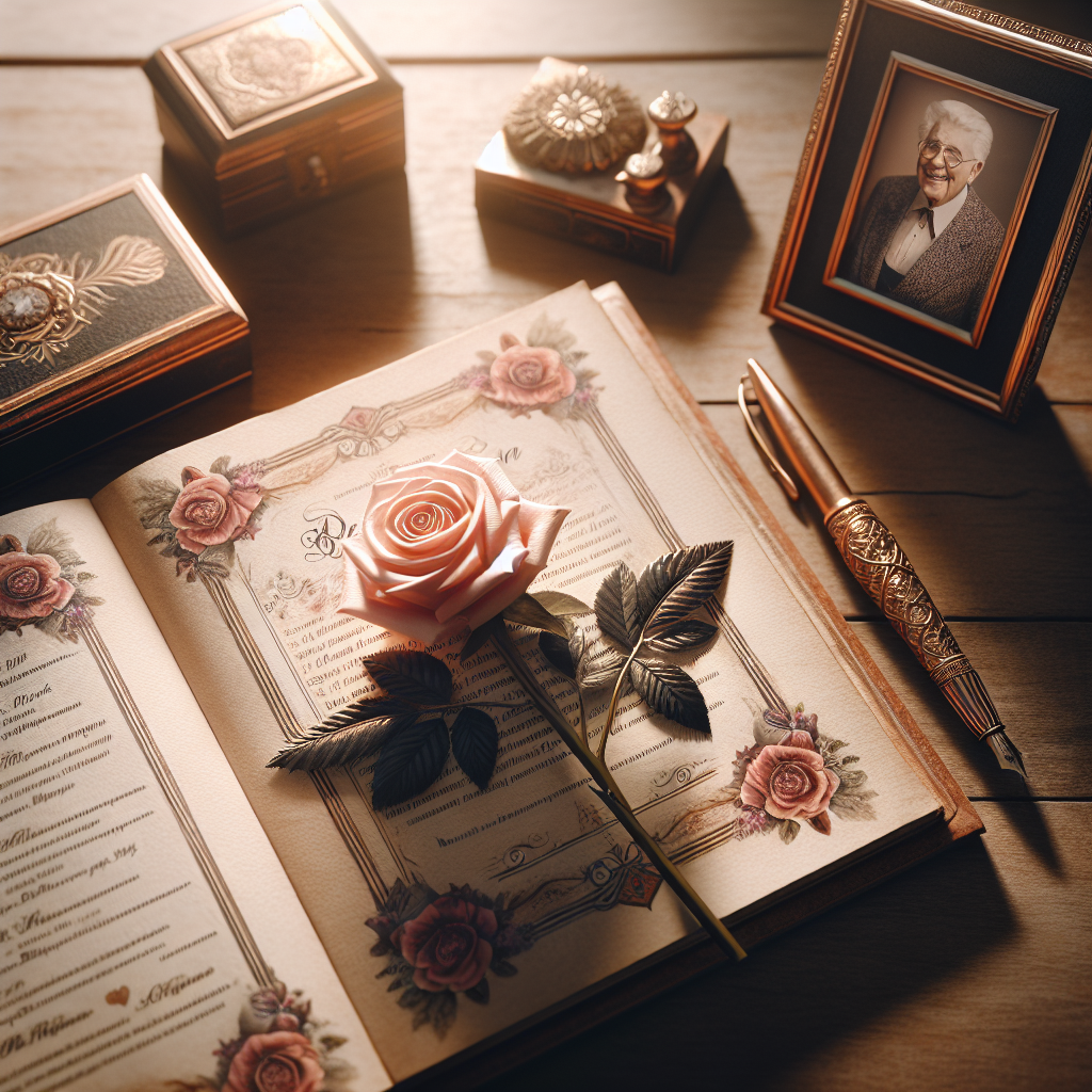 A funeral program on a wooden table with mementos, under warm light, reflecting a scene of remembrance.