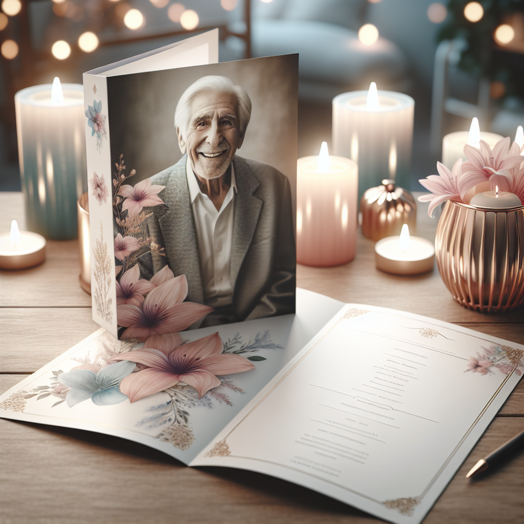 A serene image of a funeral program and a photograph on a wooden table, lit by candlelight.