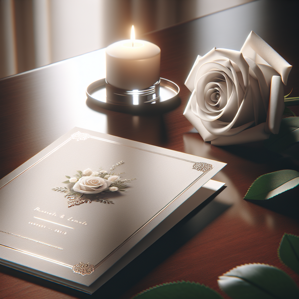 An elegant funeral card resting on a wooden table with a white rose and unlit candle nearby.