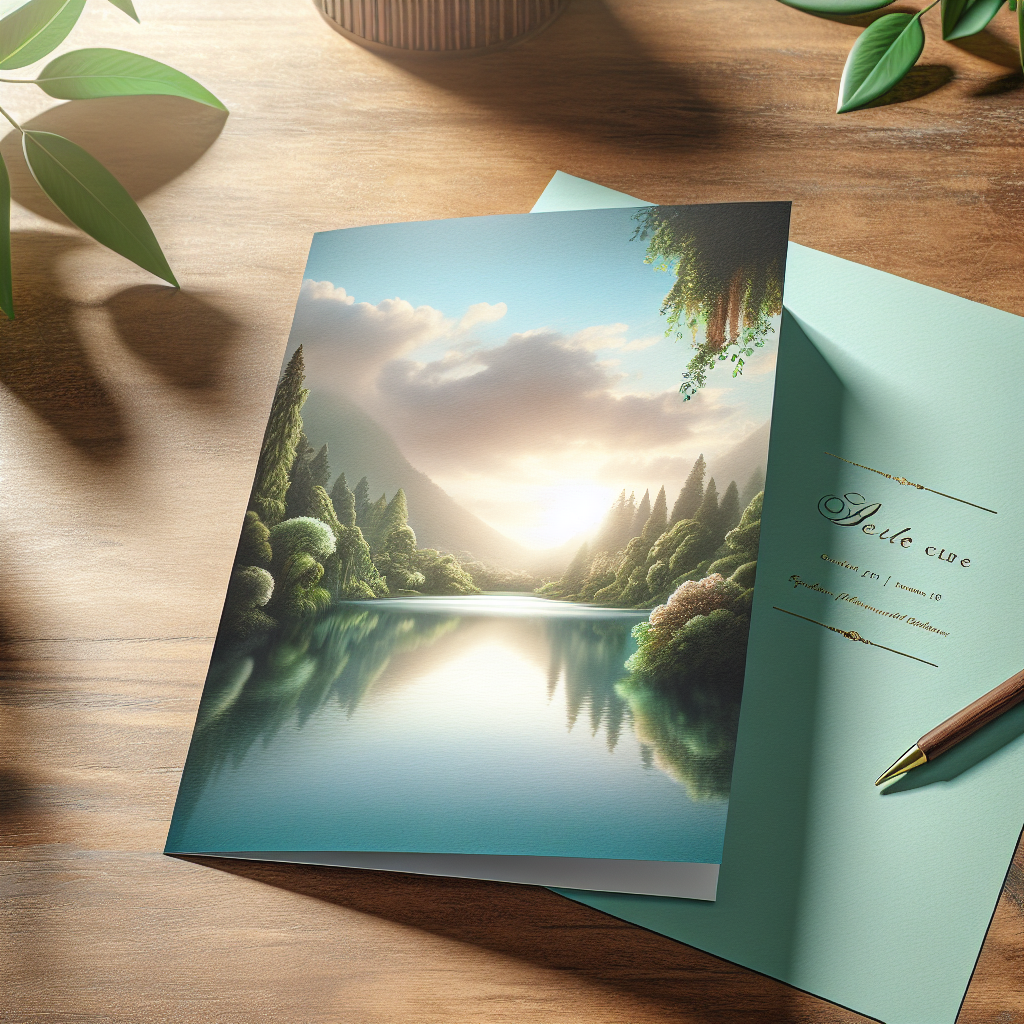 A realistic image of a funeral card displaying a serene landscape design on a wooden table.