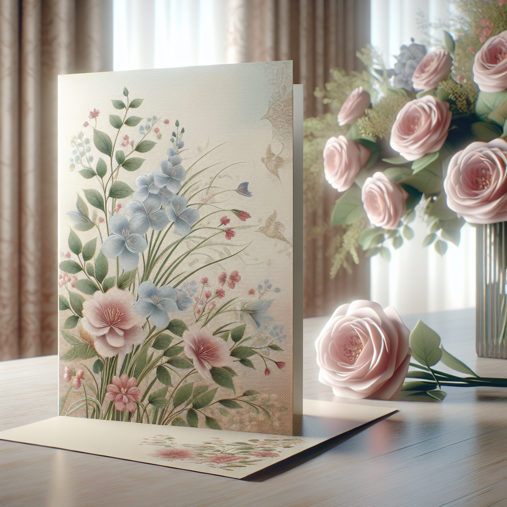 A realistic funeral card on a wooden table with a floral design and roses in the background.