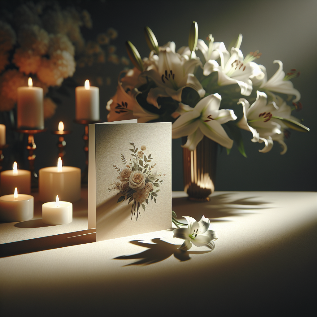 A realistic image of a funeral card on a table with flowers and candles.