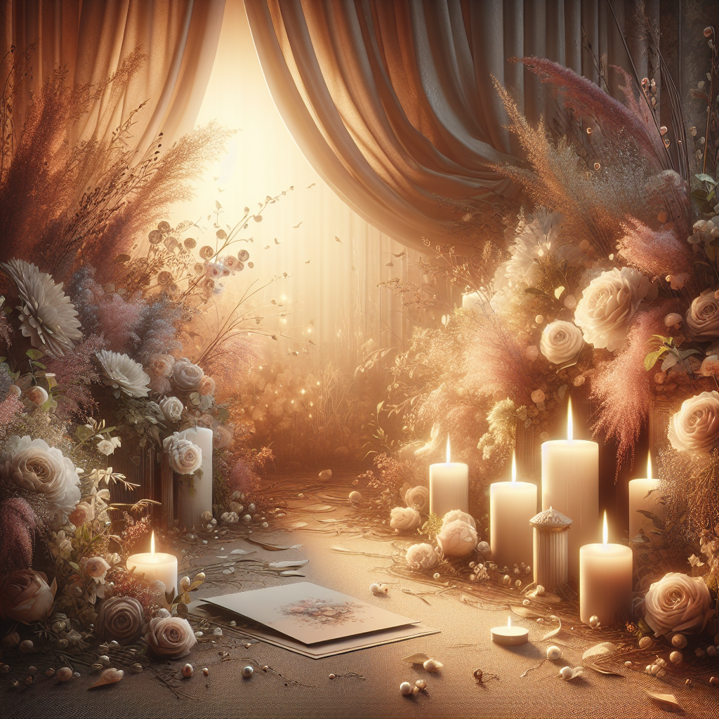 Realistic image representing memorial card creation with flowers and candles in a serene setting.