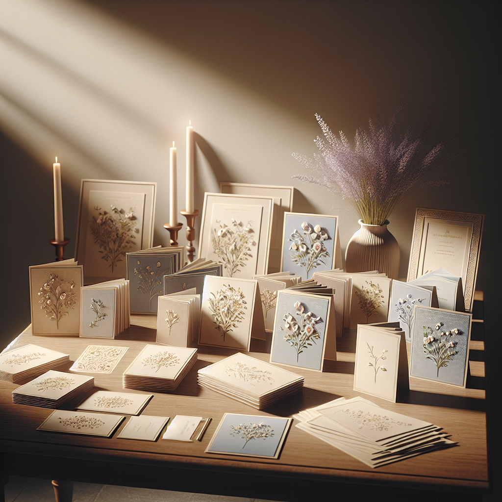 A cozy room showing a table with elegantly designed memorial cards.