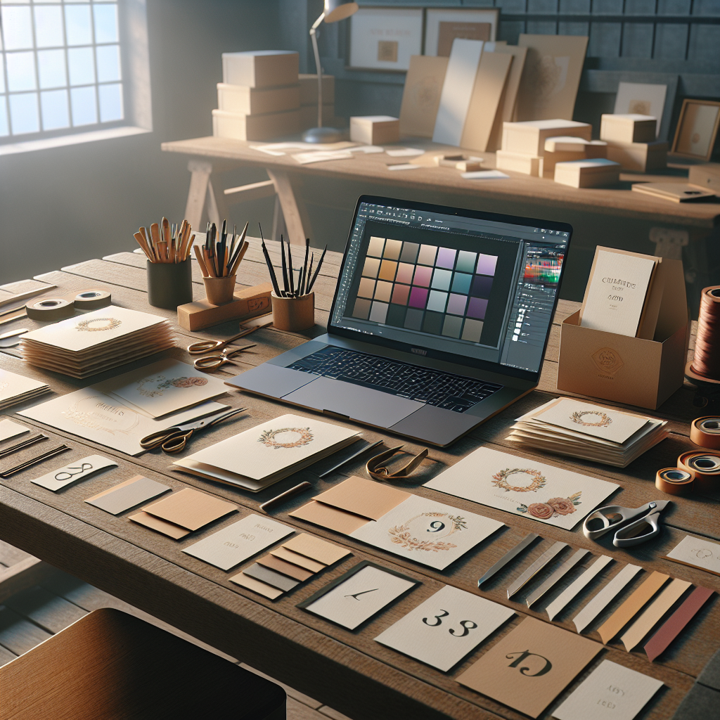 A realistic depiction of a workspace for creating memorial cards, featuring several unfinished cards and crafting tools.