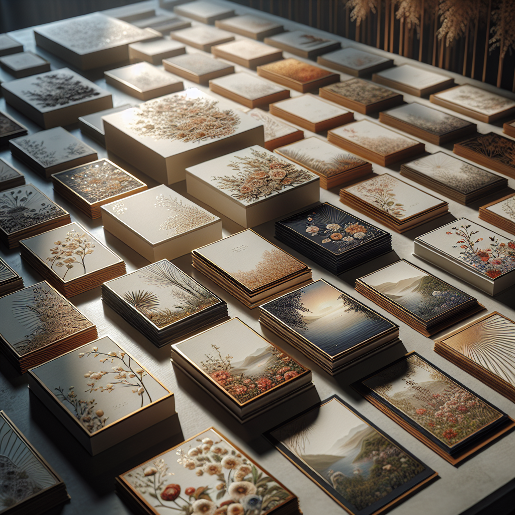 A display of various memorial cards with elegant designs and floral patterns.