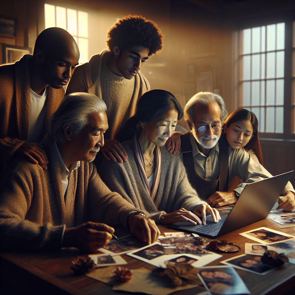 A family collaboratively working on a funeral program on a laptop with Google Docs, surrounded by photos and mementos.