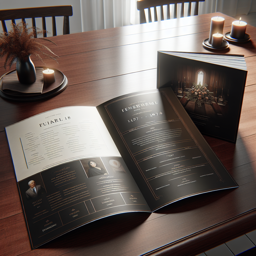 Elegant funeral program template open on a wooden table.