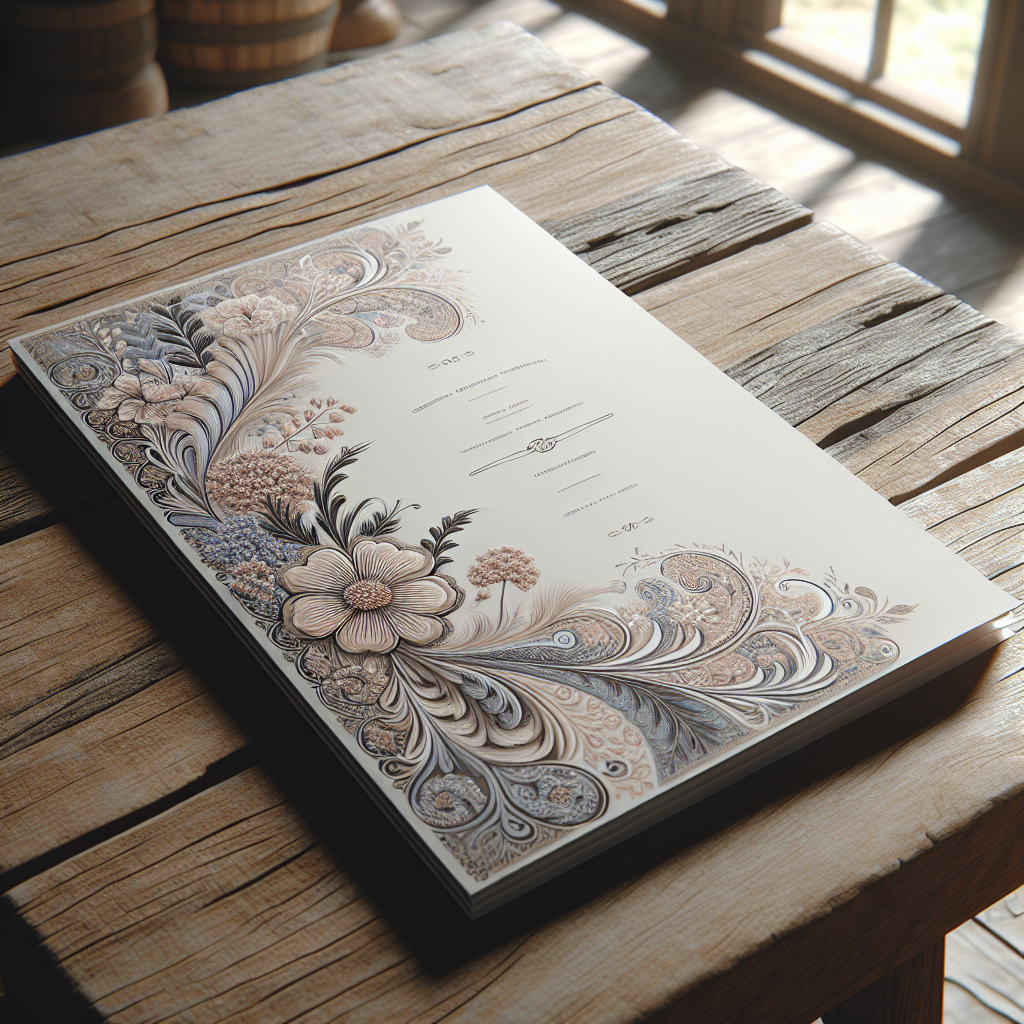 A funeral program with floral patterns on a wooden table.