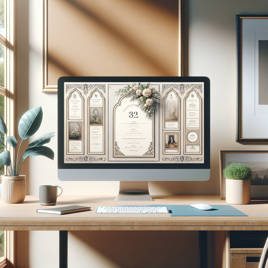 A modern workspace with a computer displaying a digital funeral program template.