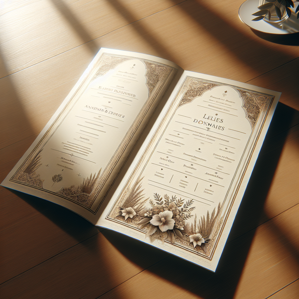 Elegant funeral program template on a wooden table.