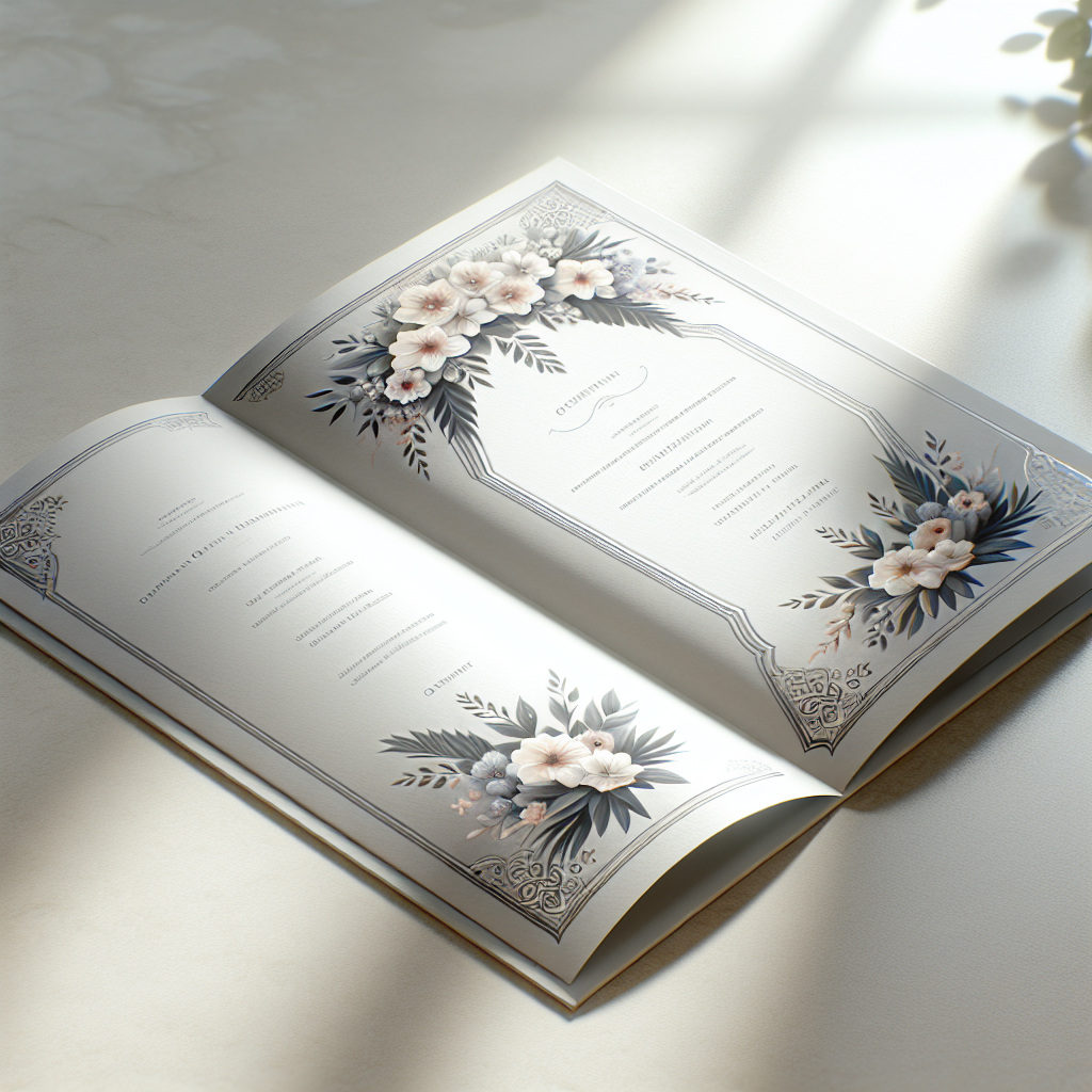 A realistic image of an open funeral program booklet highlighting its elegant design.