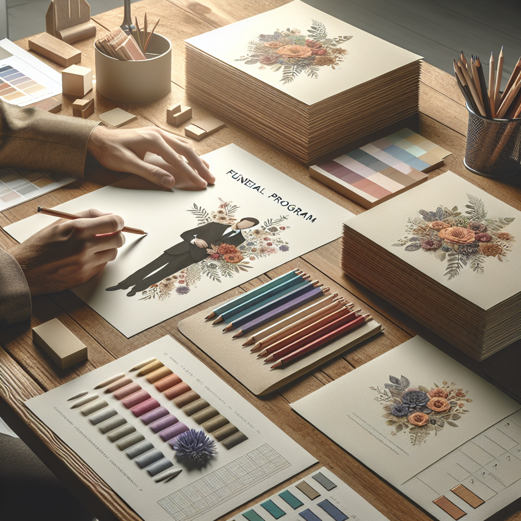 Hands-on funeral program design process on a desk.