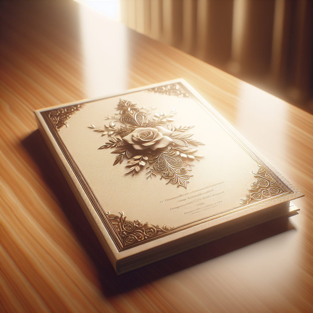 A detailed image of a funeral program on a wooden table, showcasing its elegant design.