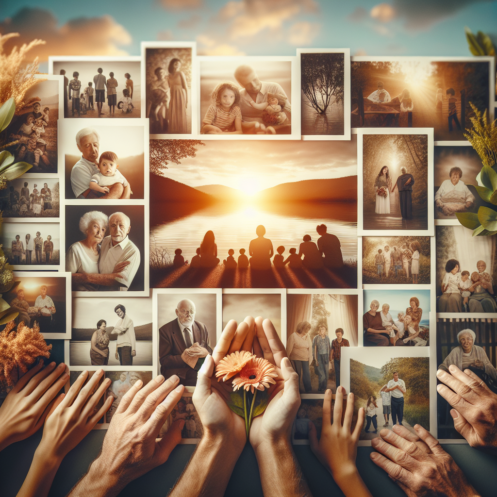 A memorial poster collage with family photos and a serene sunset backdrop.