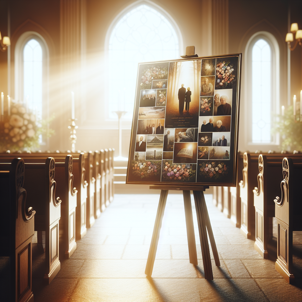 A memorial poster with a collage of photos on an easel at a funeral.