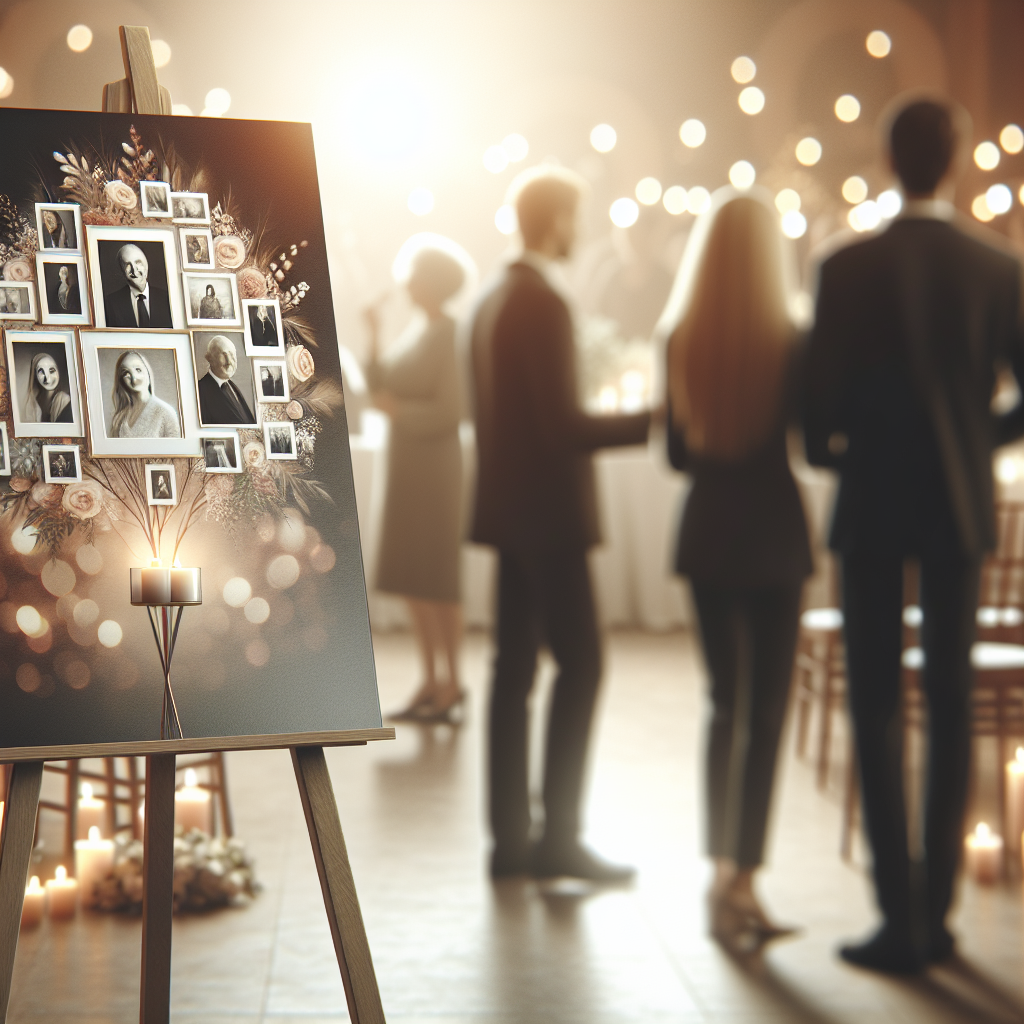 A memorial poster at a service, featuring photo collages amidst a peaceful setting.