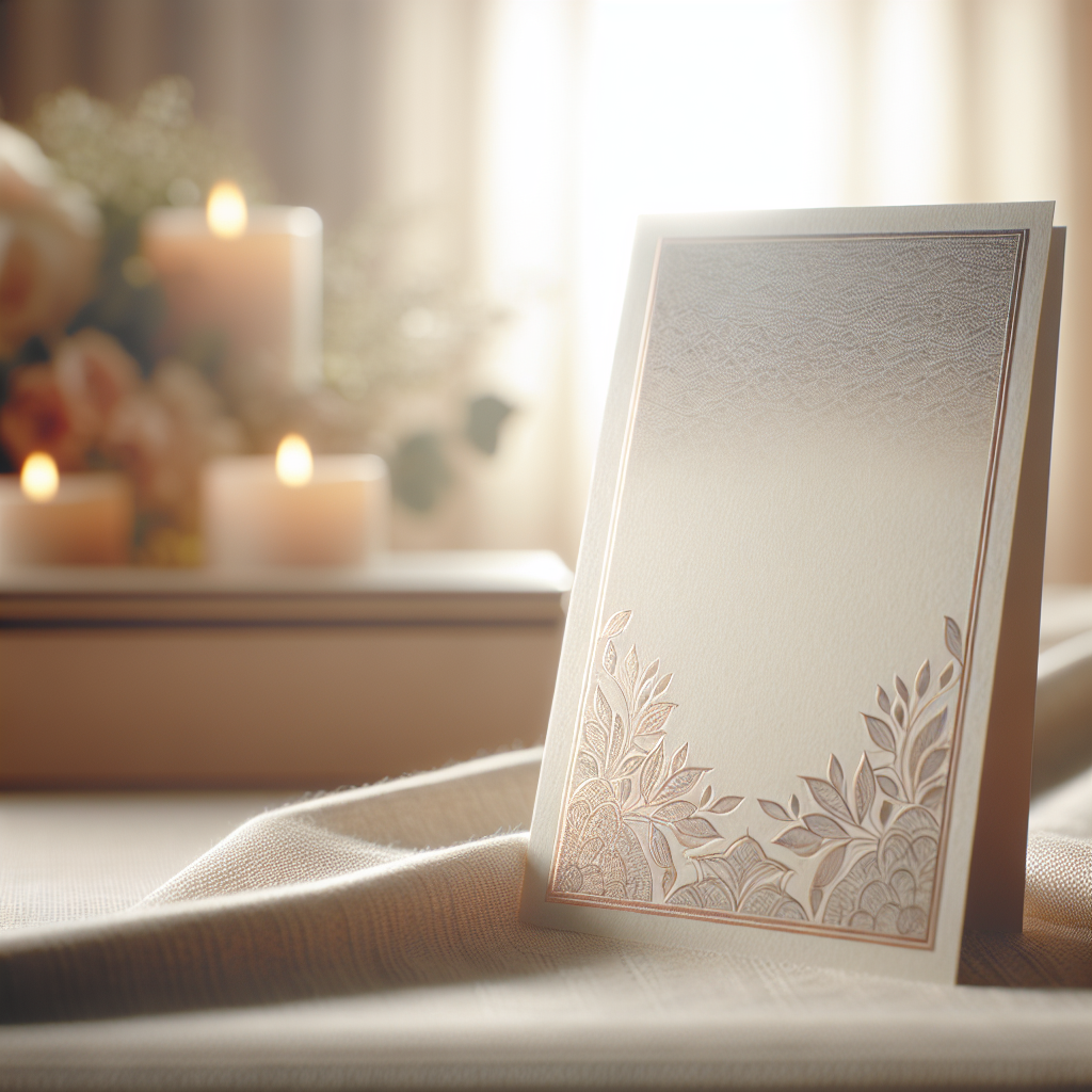 A elegant and realistic funeral card on a table with a serene backdrop.