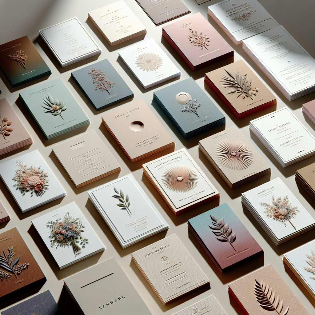 A variety of realistic funeral cards displayed on a table.