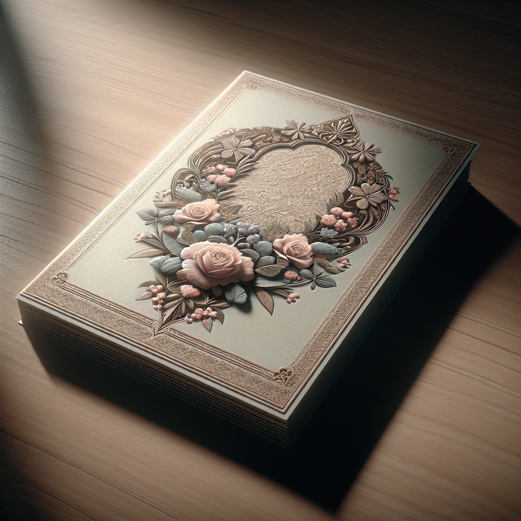 A realistic close-up of a funeral card with floral patterns on a wooden table.