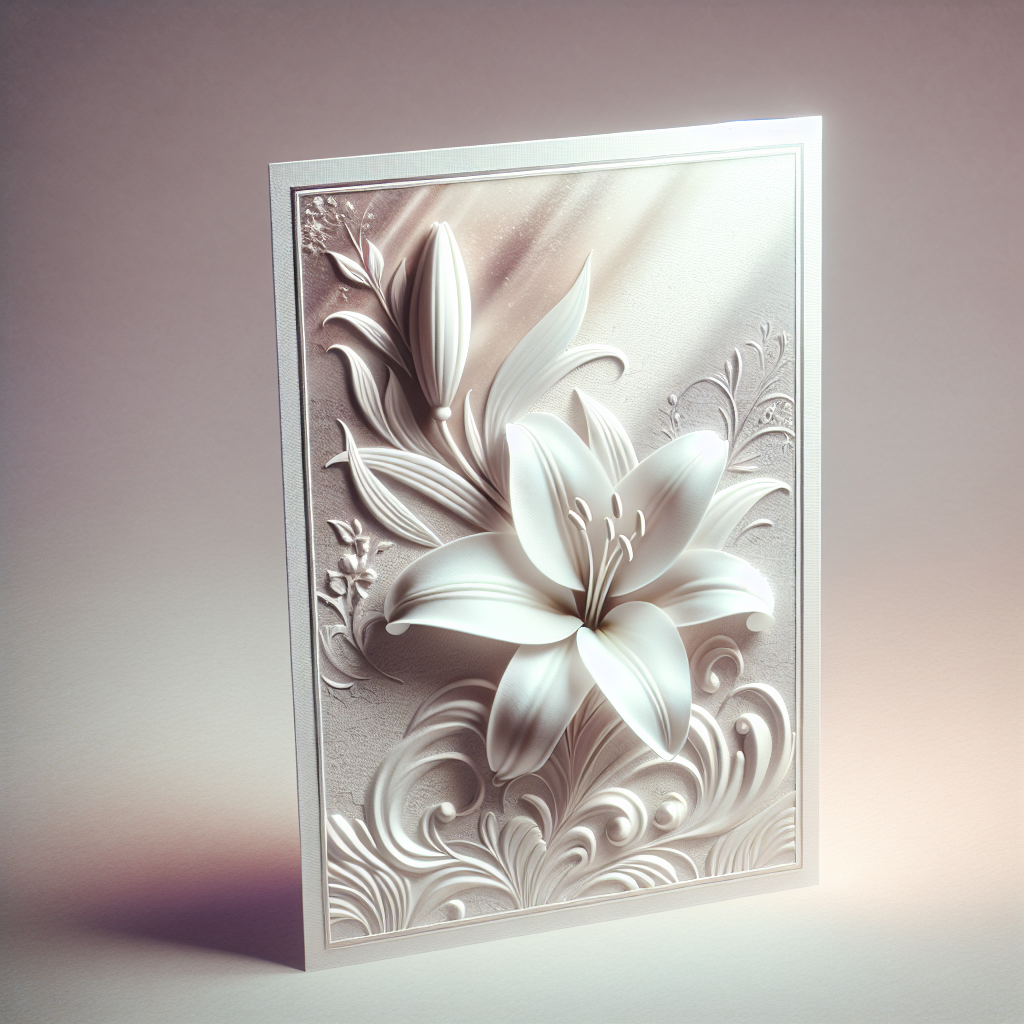 A realistic depiction of an elegant funeral card with a white lily.