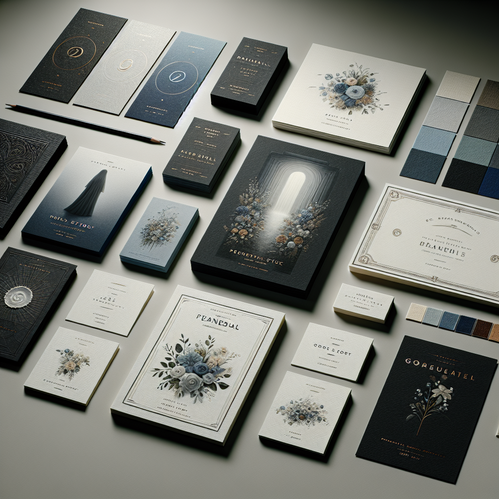 Realistic depiction of different types of funeral card printing materials with various textures and designs.