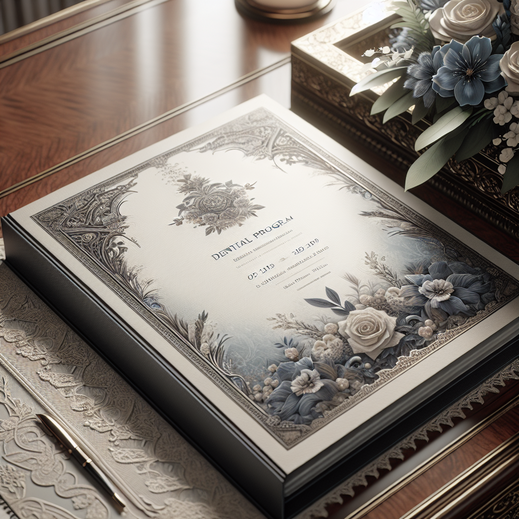 A detailed image of a beautifully crafted funeral program on an elegant table.