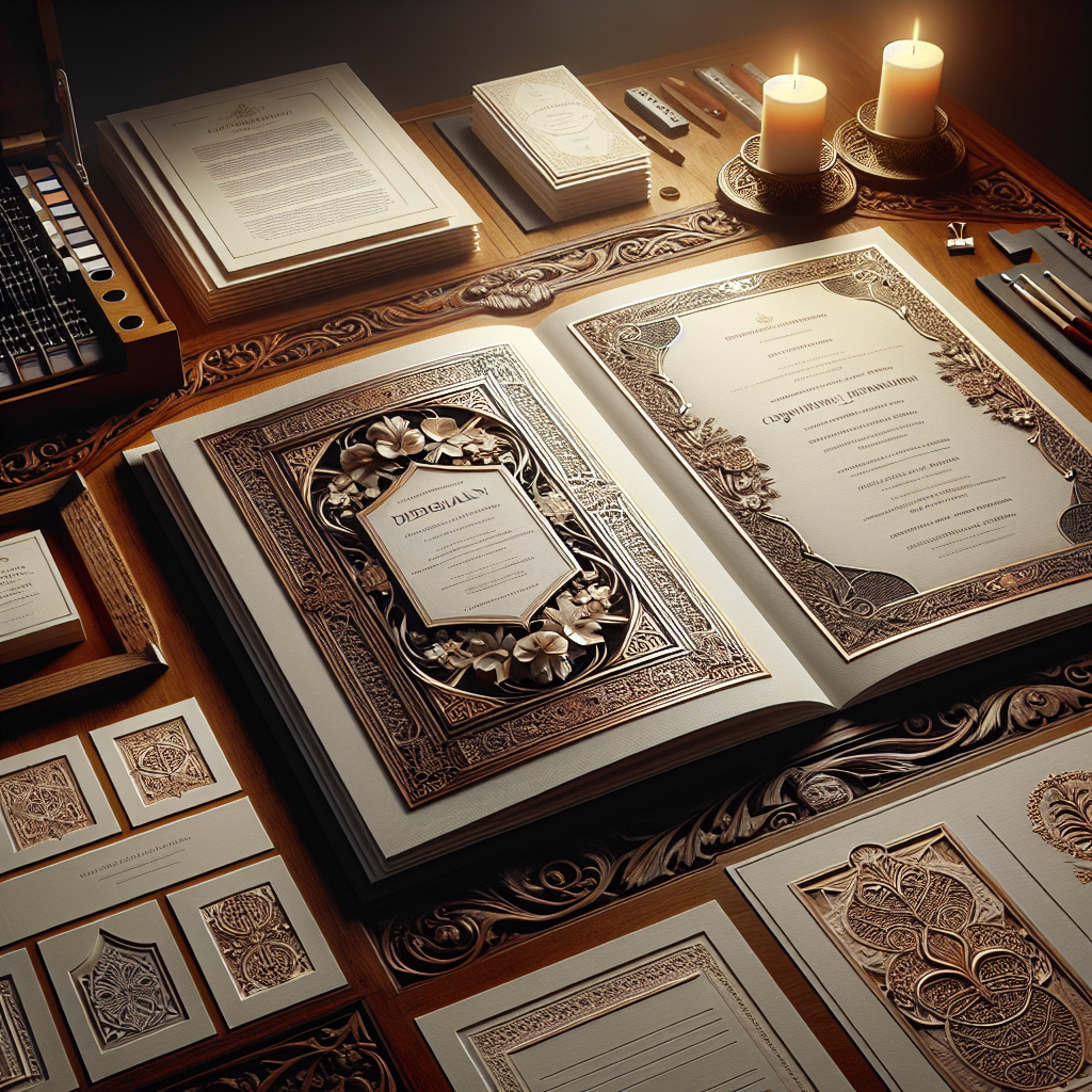 An open funeral program on a wooden table with printing tools and paper samples.