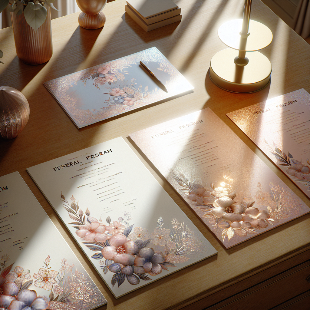 Elegant funeral program printouts on a wooden desk with floral designs.