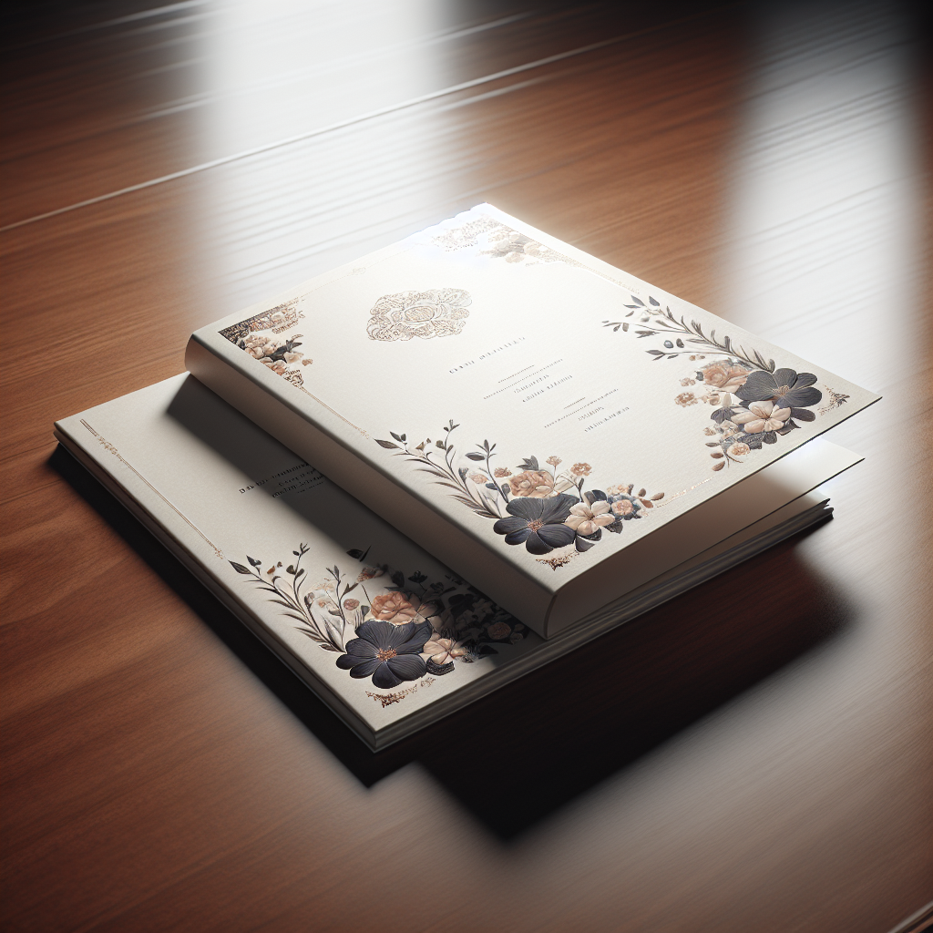 A realistic image of an elegantly designed funeral program on a wooden table.