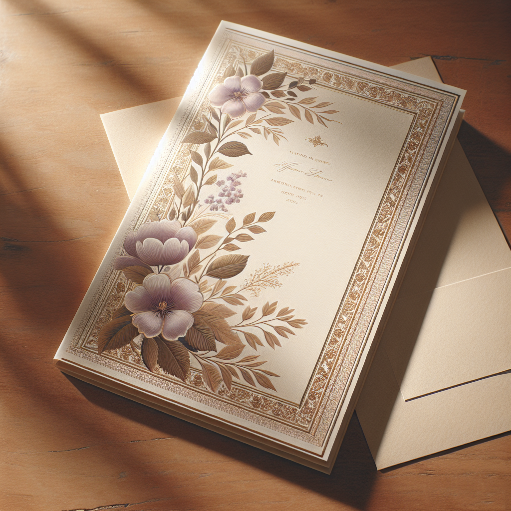 A realistic image of a high-quality funeral program cover with elegant floral design on a wooden table.