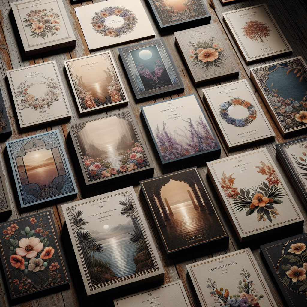 A collection of diverse memorial cards on a wooden table.