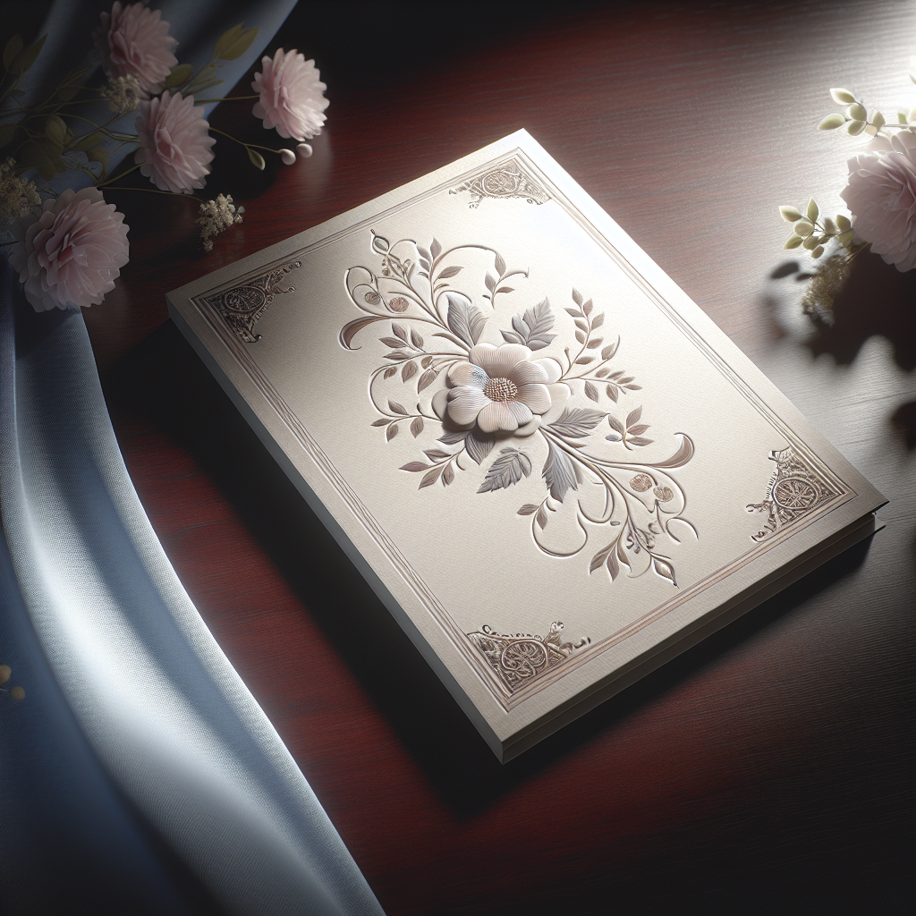 A realistic image of a decorative memorial card on a wooden table.