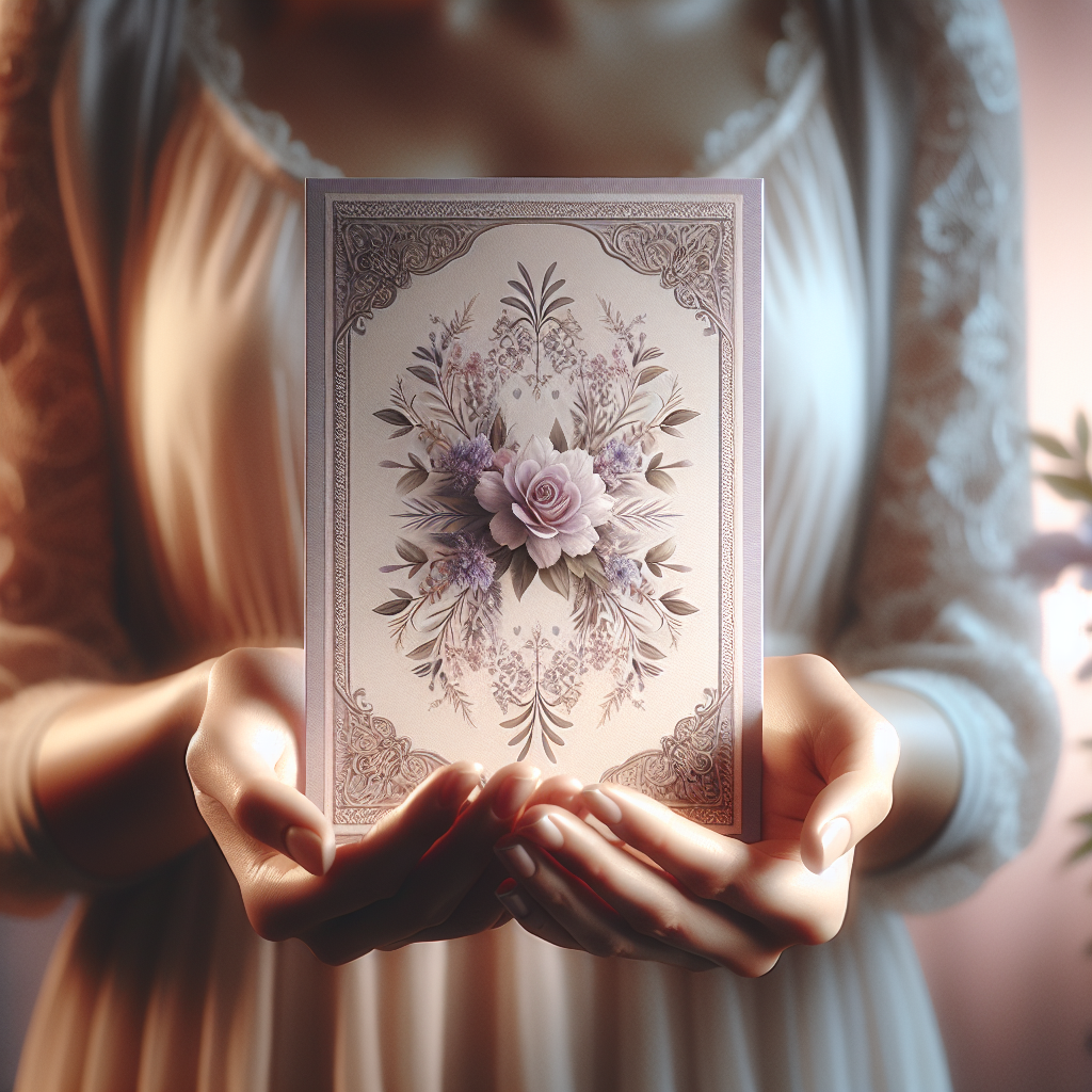 Hands holding a beautifully designed memorial card against a soft-focus background.