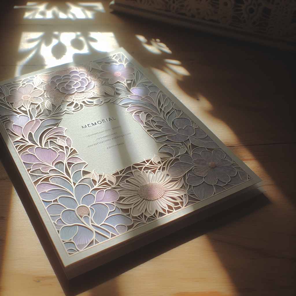 A beautifully crafted memorial card with floral patterns on a wooden table, devoid of any text.