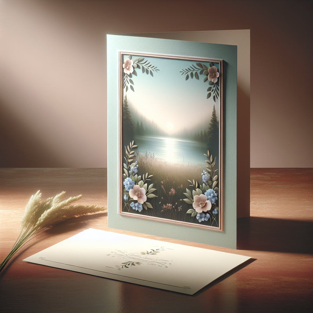 A realistic image of a memorial card with a serene landscape on a wooden table.