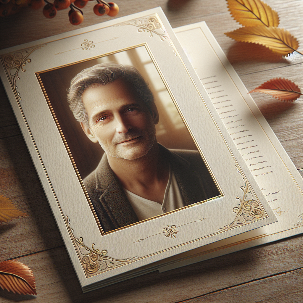 Realistic image of a memorial card with a photograph, ivory background, and autumn leaves.