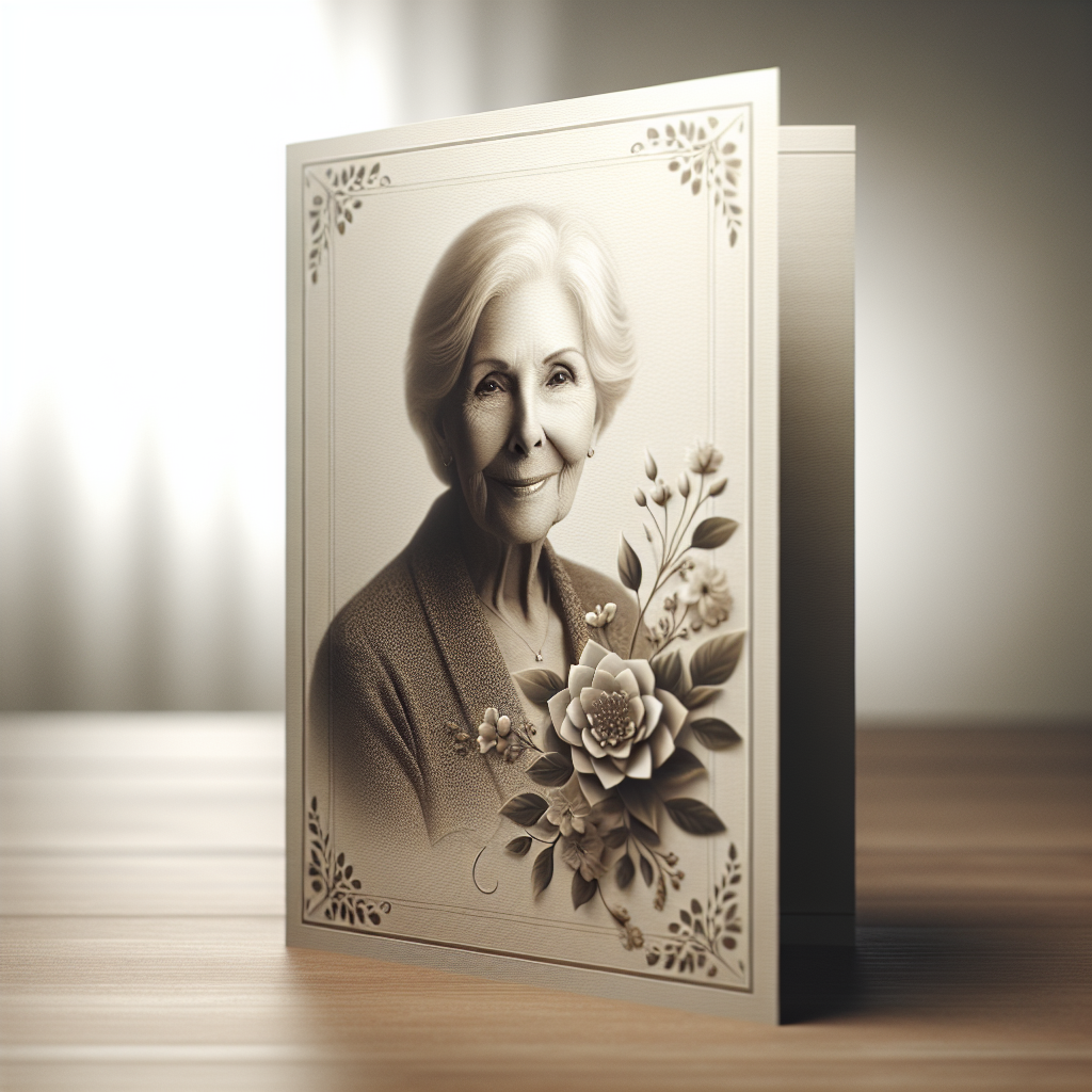 Realistic image of a memorial card on a wooden table, featuring a blurred portrait of an elderly person.