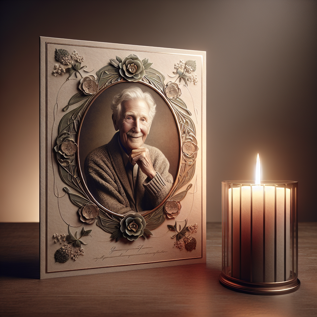 A realistic image of a memorial card with a photograph and floral design on a table with a candle.