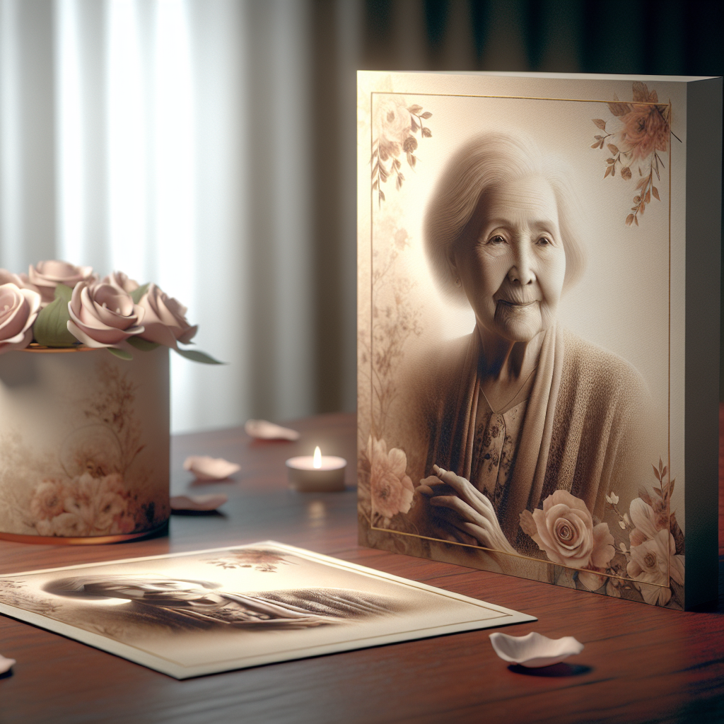 Realistic depiction of a memorial card with a photograph and floral background.