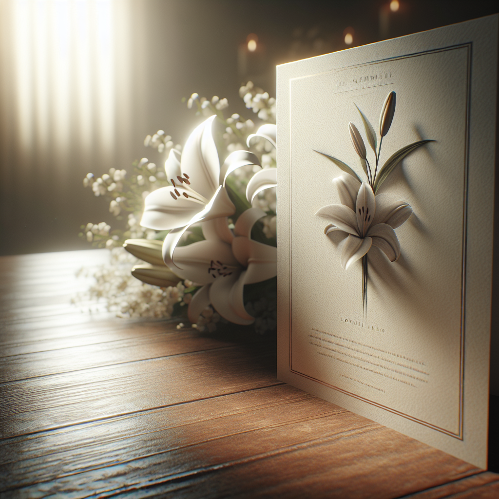 A memorial card on a wooden table with a bouquet of white lilies nearby, symbolizing peace and remembrance.