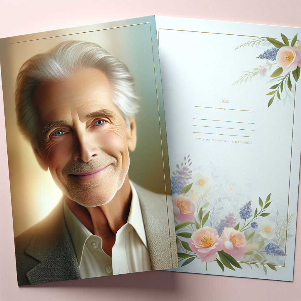 A memorial card featuring a smiling elderly man with a warm expression.